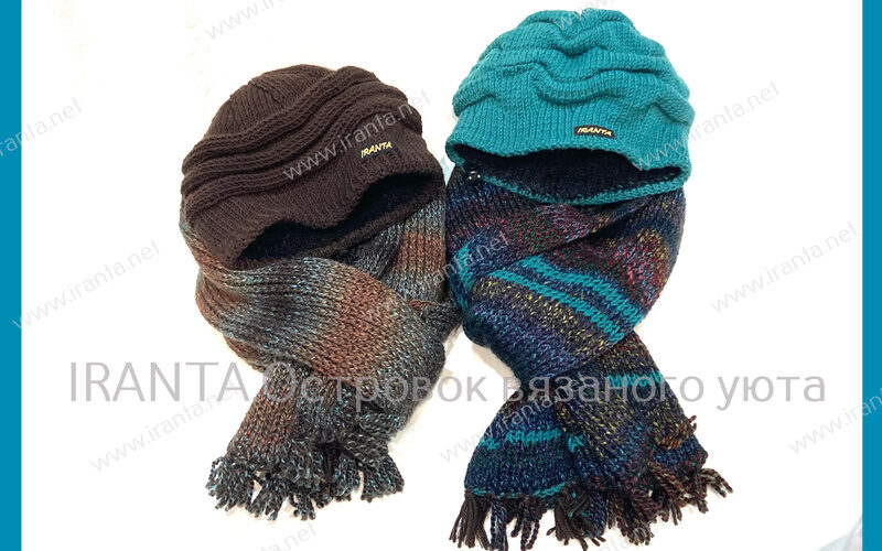 Теплый комплект "Мультитон": двойная шапочка-кубанка и шарфы с бахромой