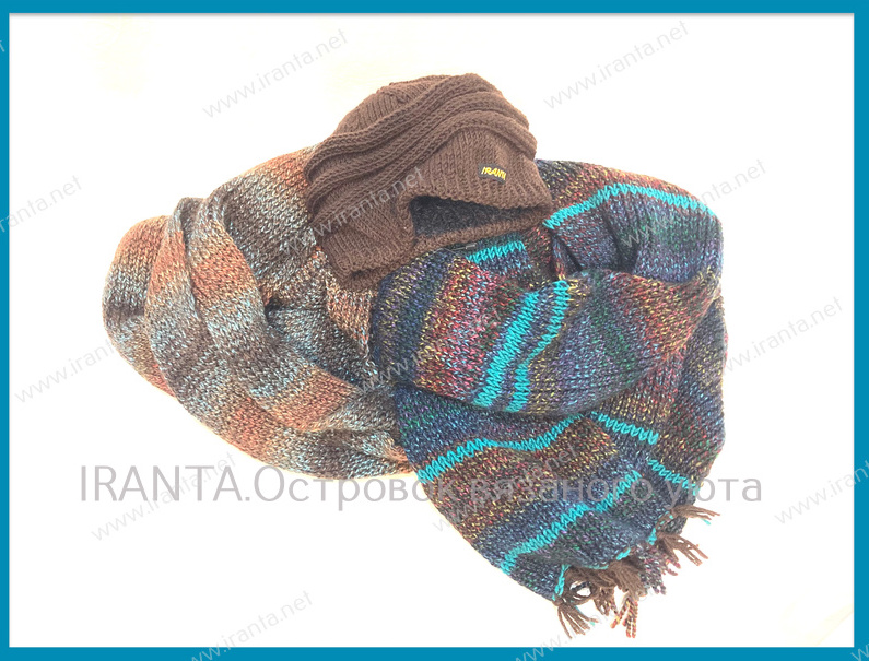 Теплый комплект "Мультитон": двойная шапочка-кубанка и шарфы с бахромой